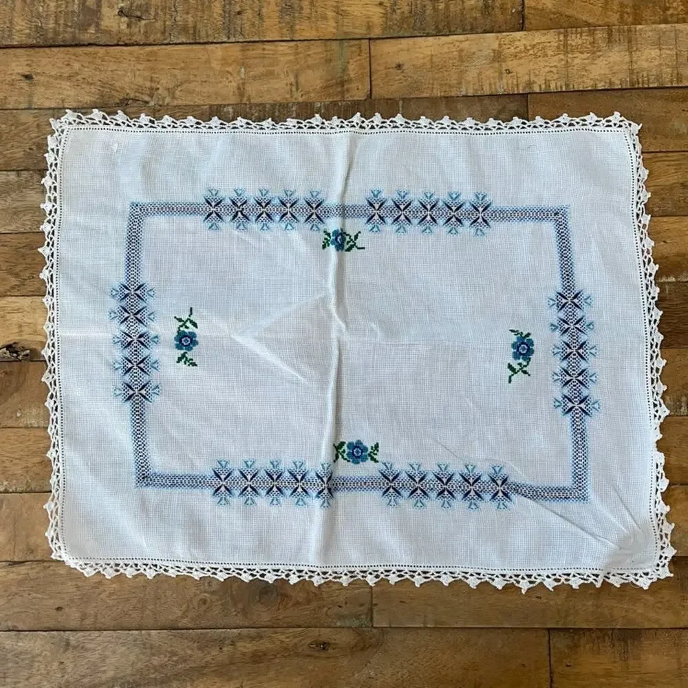White Cotton Napkin Set (4) Handmade Blue Cross-Stitch Floral Crochet Border